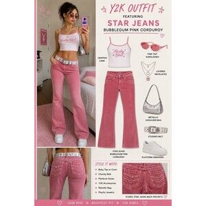 Y2K Star Jeans Bubblegum Pink Stretch Corduroy Low Rise Bootcut Pants 28x29